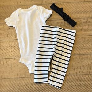 0-3 month baby girl outfit - black and white striped pants - black headband bow